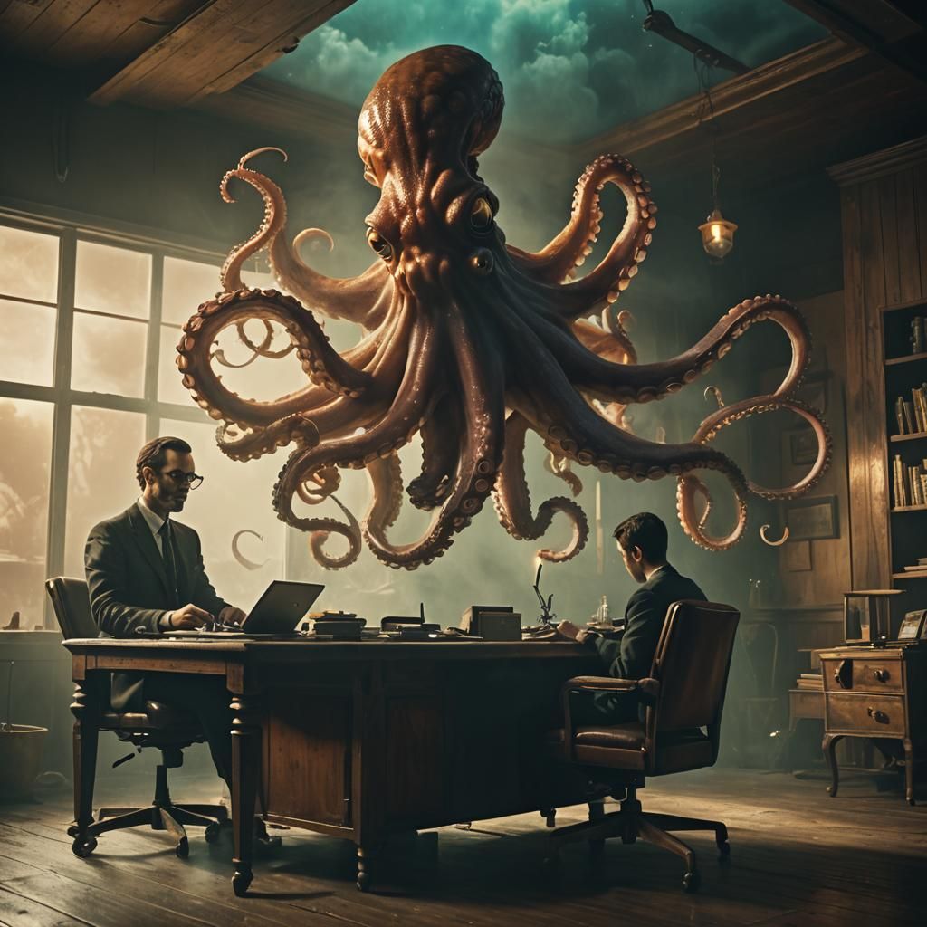 Octopus at Desk with Trapped Man: Cinematic Still