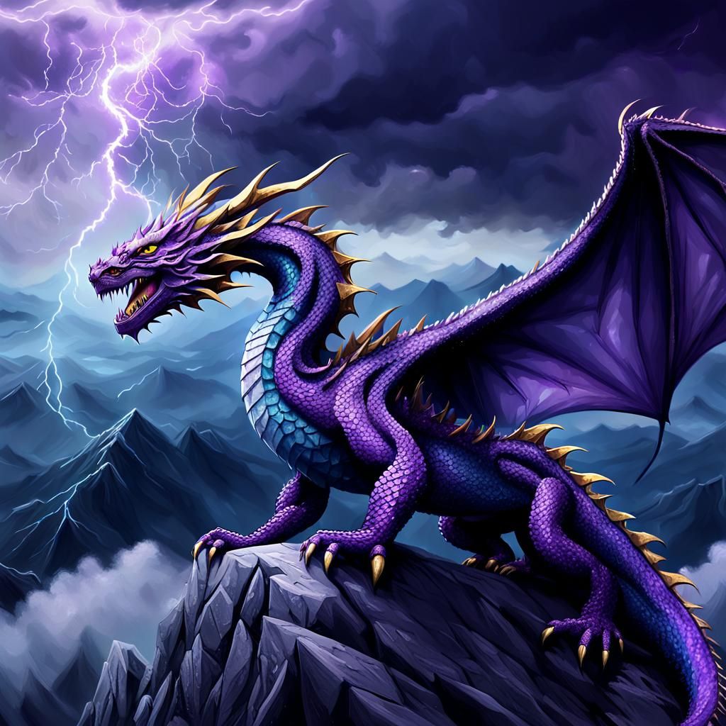 Purple Dragon on Stormy Peak: Fantasy Concept Art