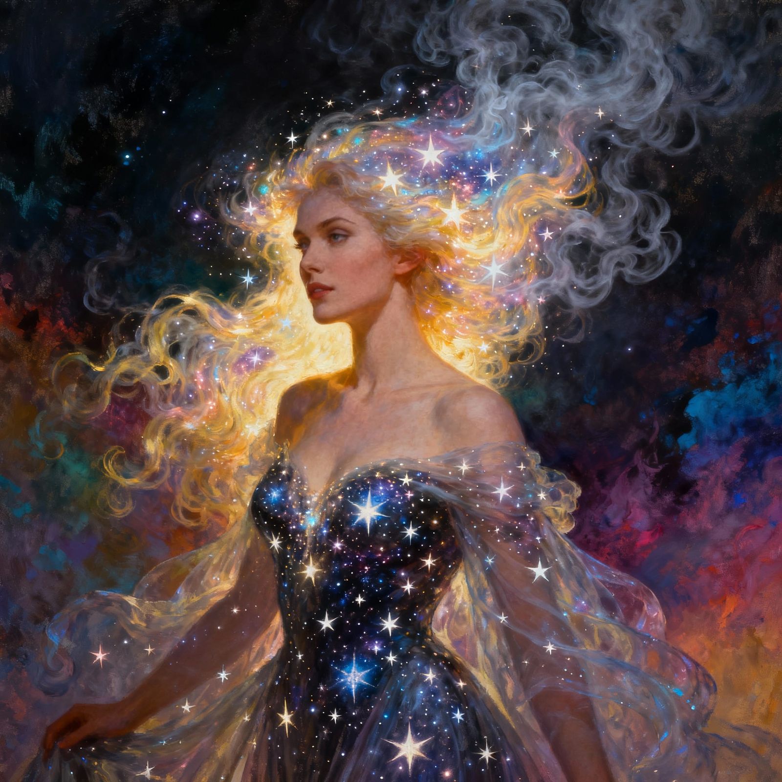 Ethereal Woman With Cosmic Star Hair