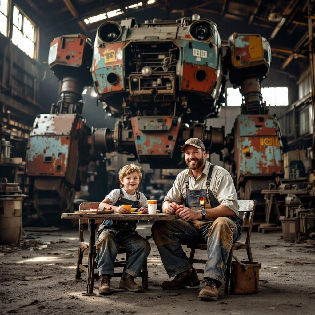 Father and Child Lunch Break with Giant Mech in Hangar