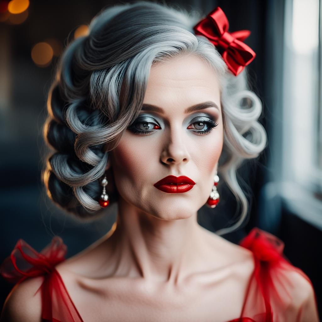 Glamorous Grey-Haired Woman in Boudoir Portrait