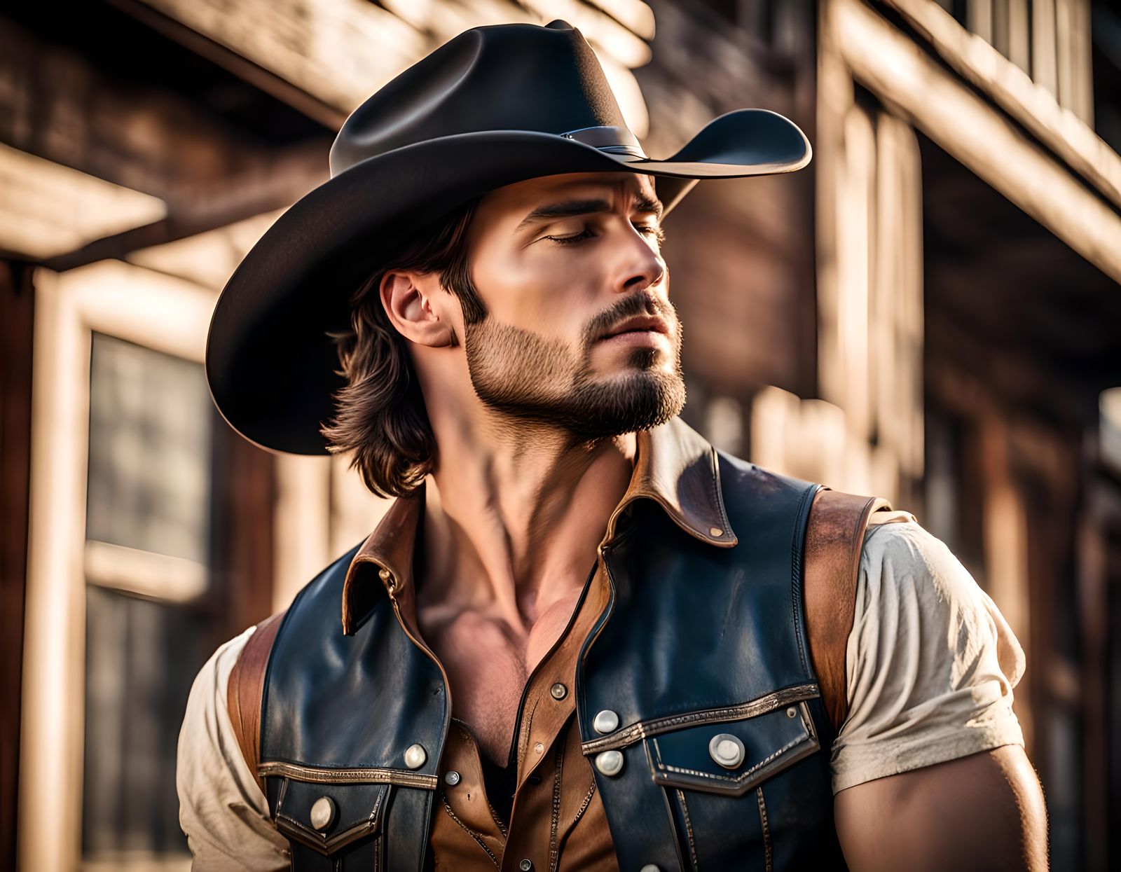 Cowboys Kissing Passionately in Western City