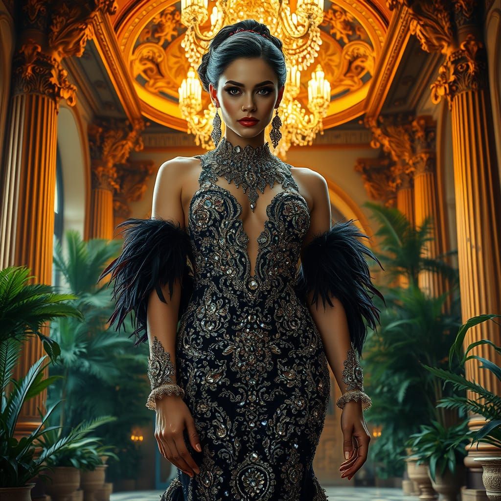 Elegant Woman in Opulent Setting, Inspired by Cinematic Styl...