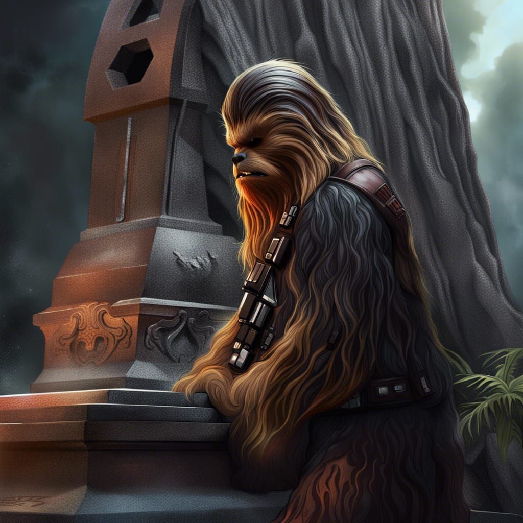 Chewbacca grieving on Han Solo's tomb in the cemetary.