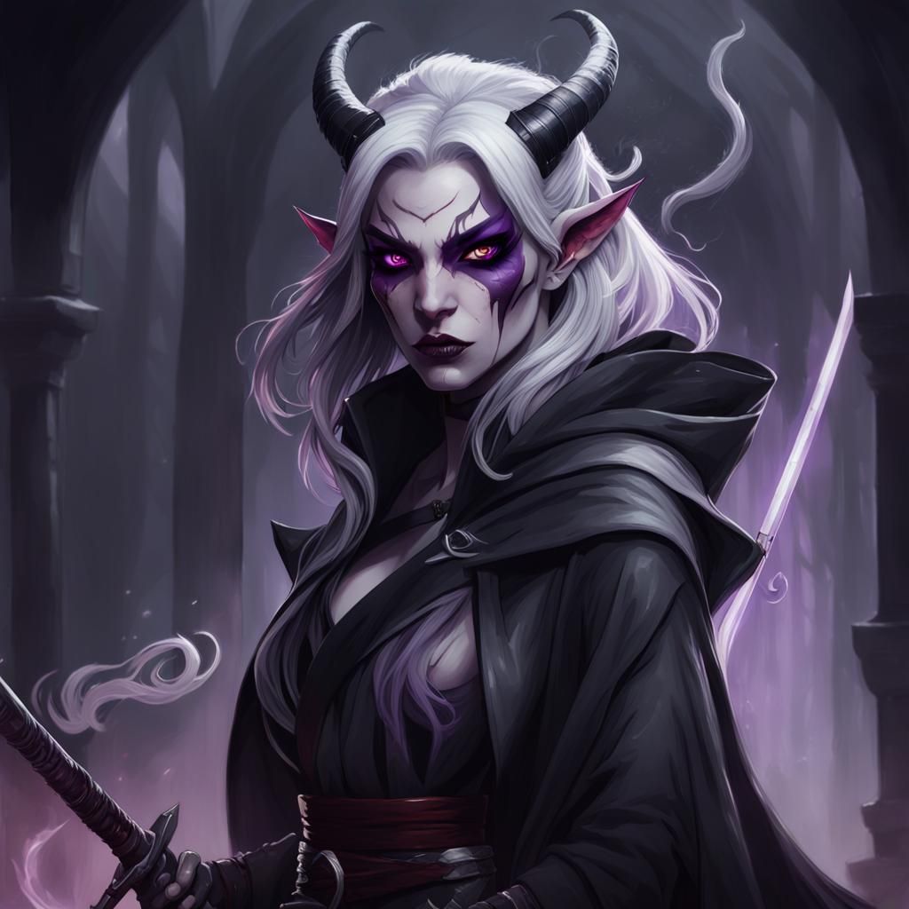 Tiefling Warrior with Katana in Dark Fantasy Style