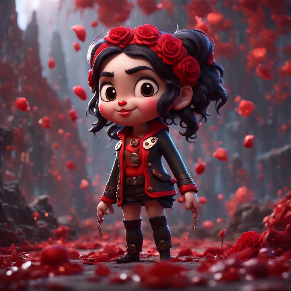 Chibi Pixar Black Wolf with Red Rose