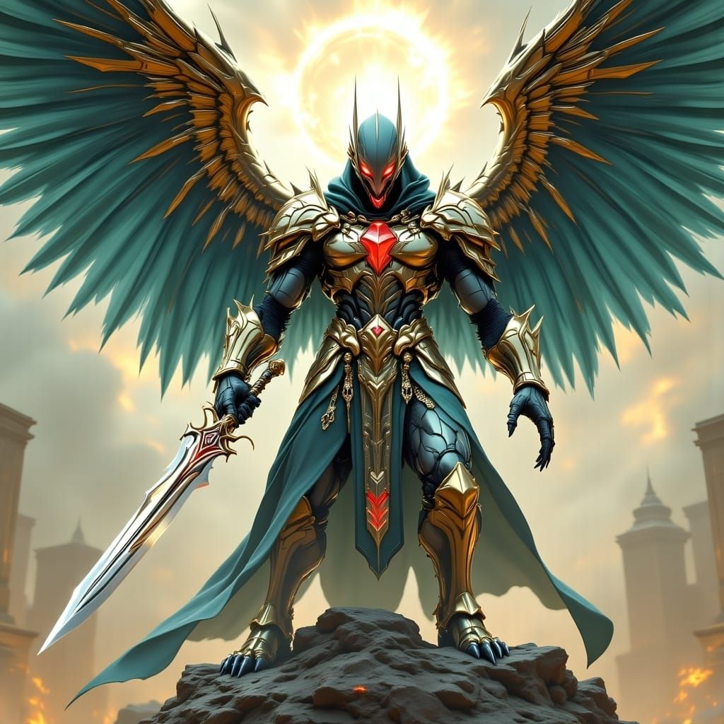 <lora:Armored Fantasy:1.2> large metal golden and teal and red ruby jeweled deco gargoyle monster warrior Egyptian armor...