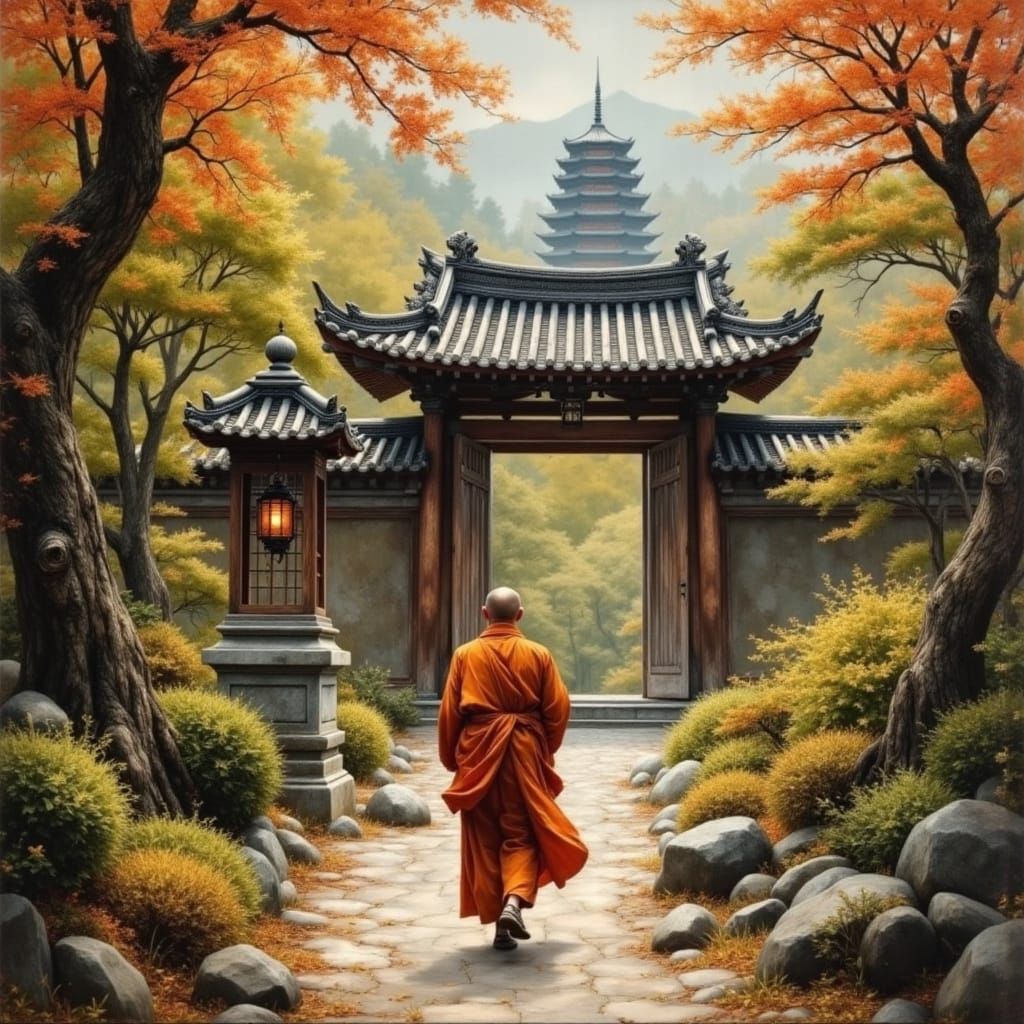Monk Approaches Temple Door in Spring Zen Garden