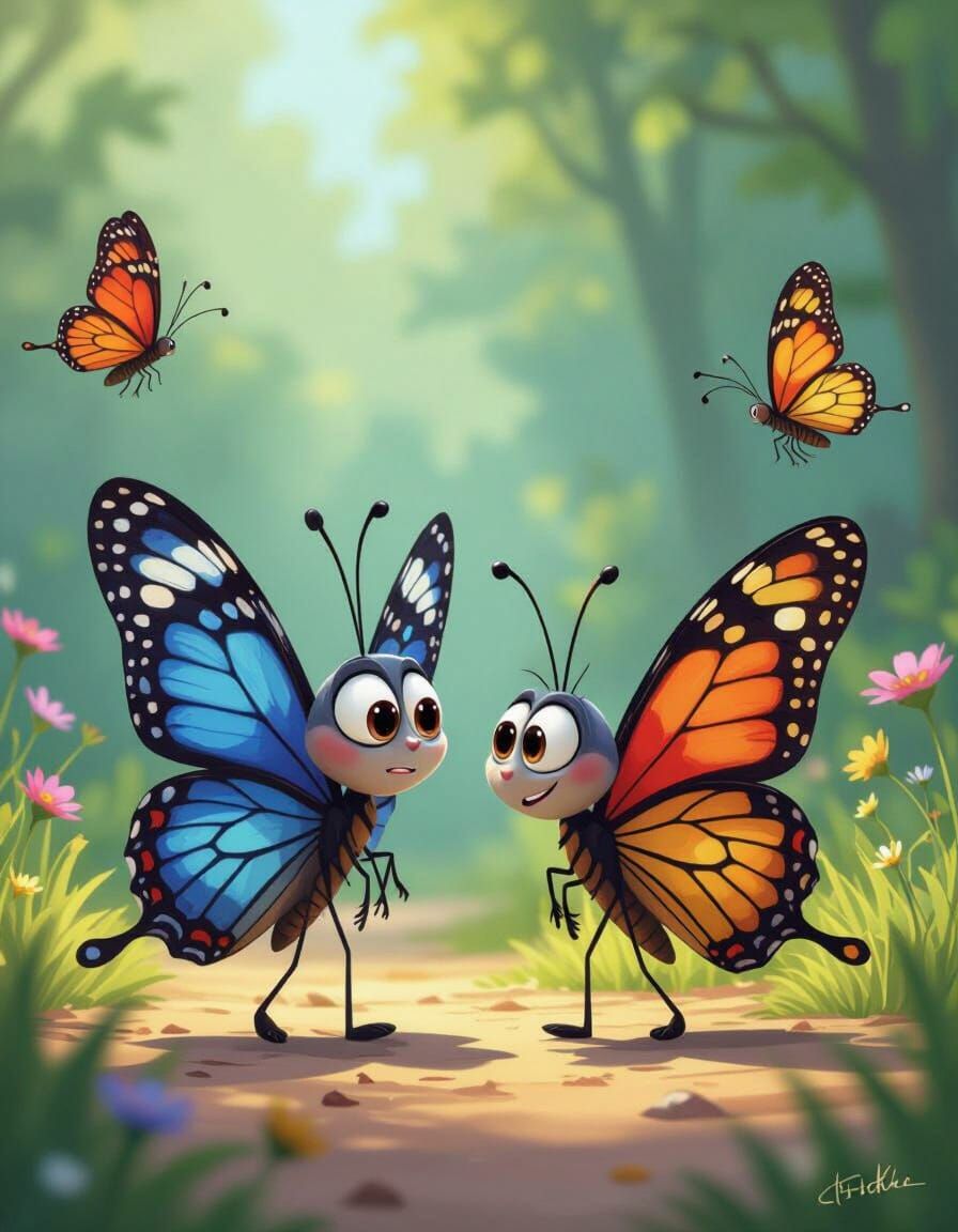 Confused Butterflies Walking in Disney/Pixar Style