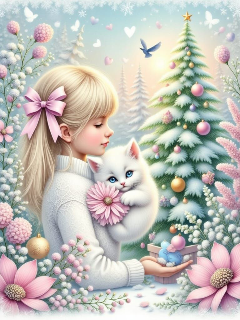 Gentle Kitten with Pink Bow in Winter Snow