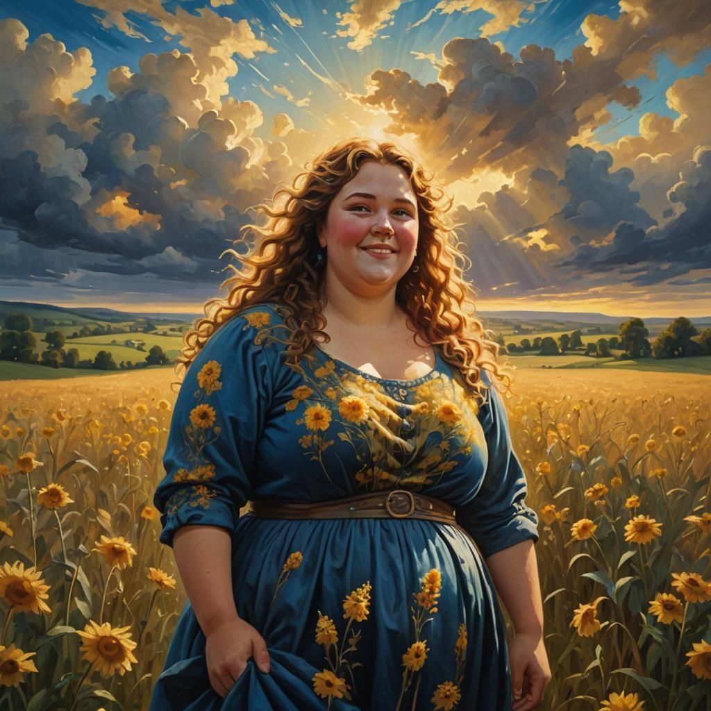 Chubby Woman in Lightning Field: Oil Painting