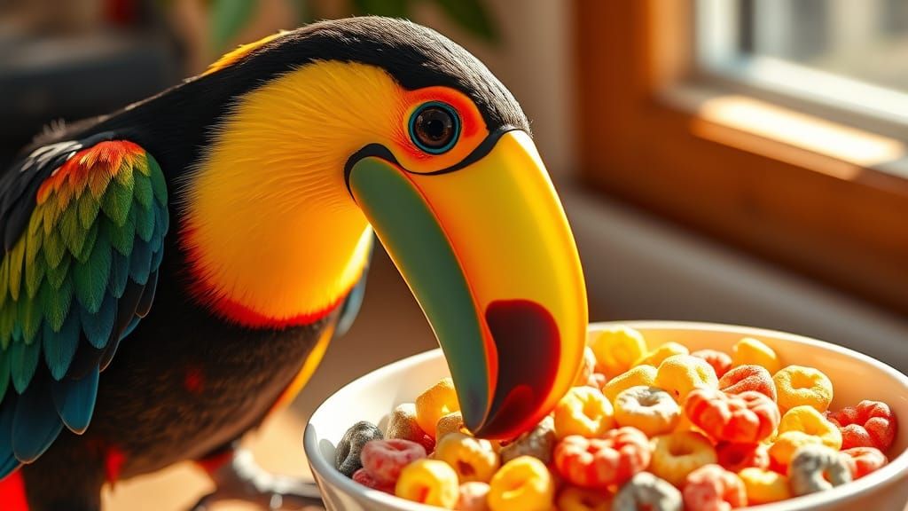 Photorealistic Toucan Eating Cereal in Sunlight