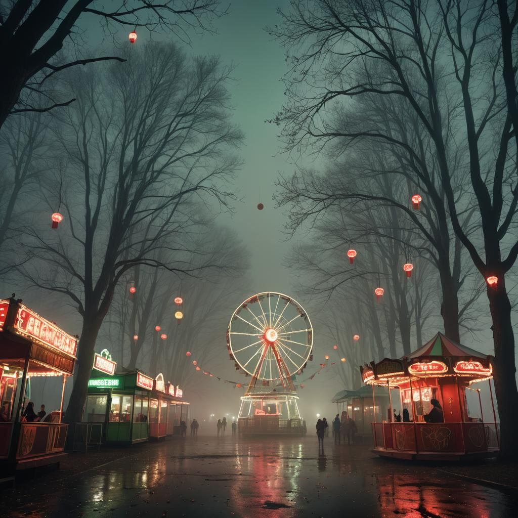 Creepy Carnival in Misty Forest: Dark Surrealism
