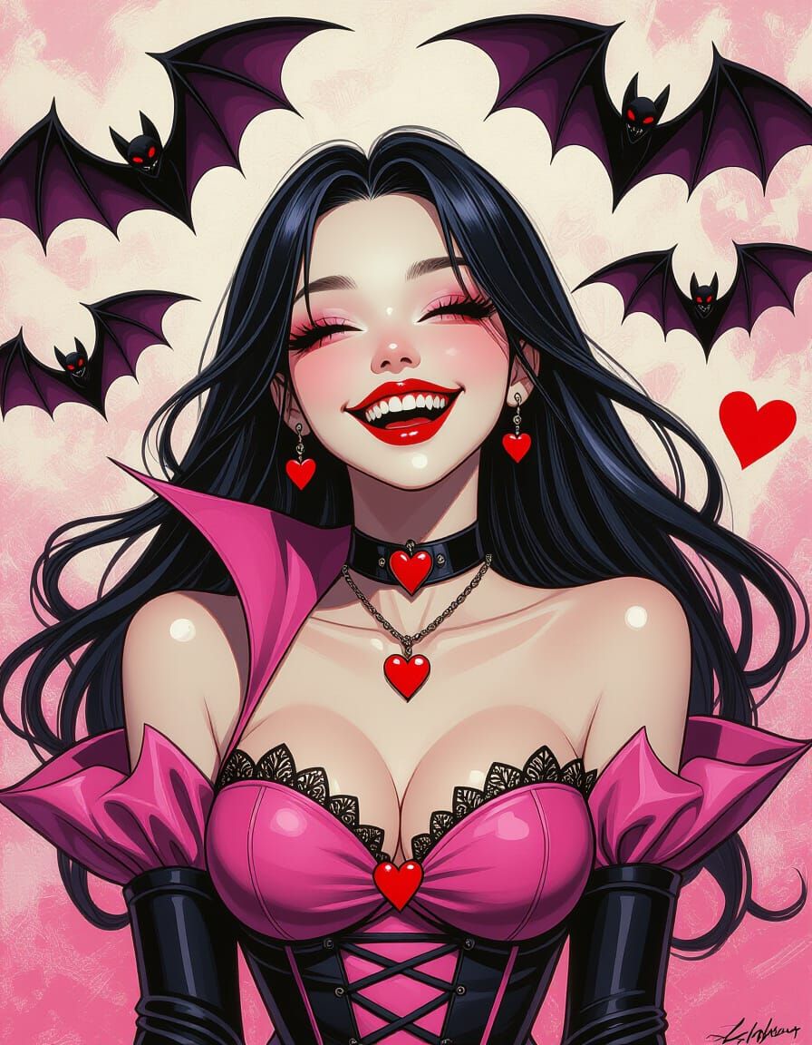 Valentine Vampire Smiling with Heart Bats in Pink
