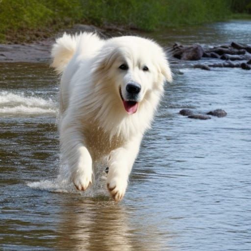 Great Pyrenees Dog in River Scene