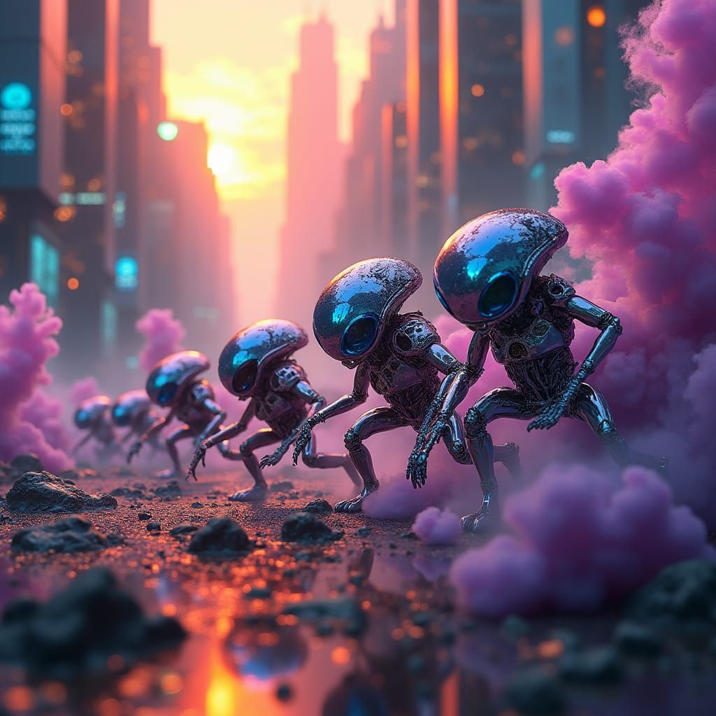 Cyberpunk Space City Under Nanobot Alien Attack