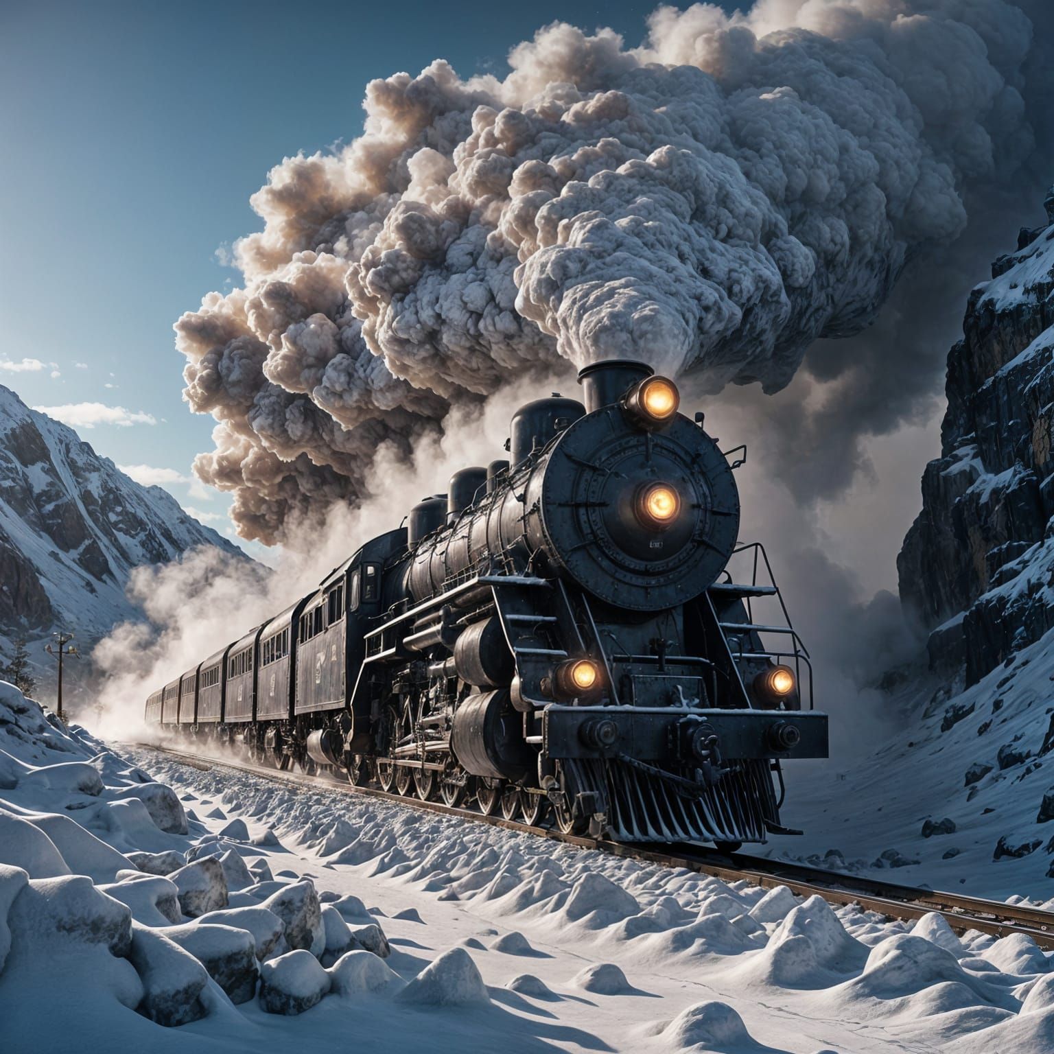 Steam Train Breaks Through Snowy Mountain in Cinematic 3D
