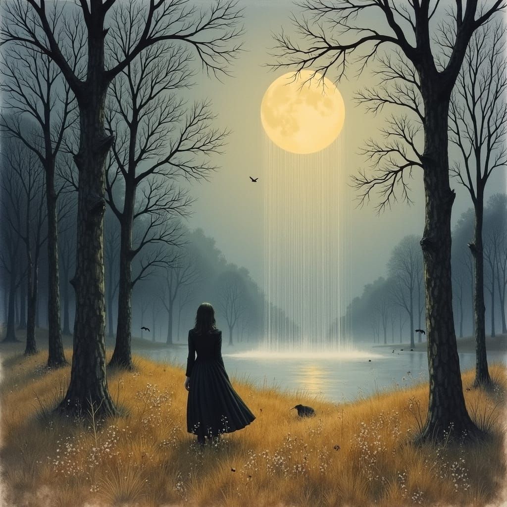 Autumnal Nordic Landscape with Woman in Park