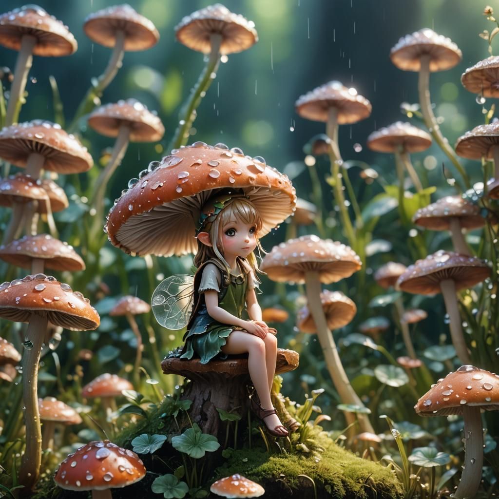 Tiny Fairy on Mushroom: Macro Anime Art