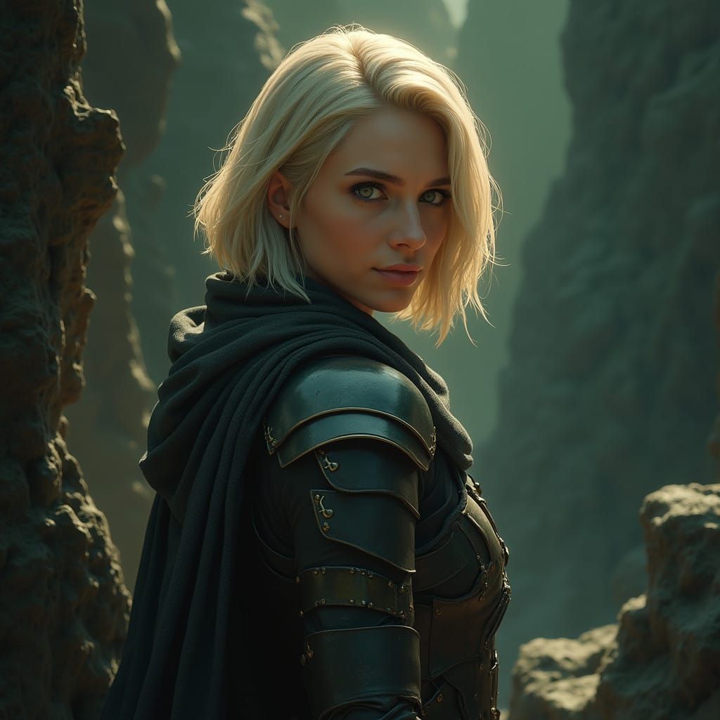 Fantastical Warrior in Dark Fantasy Landscape