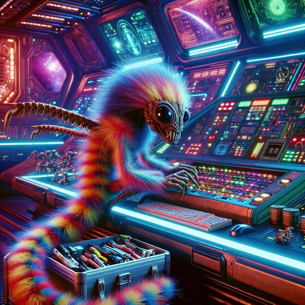 Colorful Alien Centipede Tech in Sci-Fi Spaceship