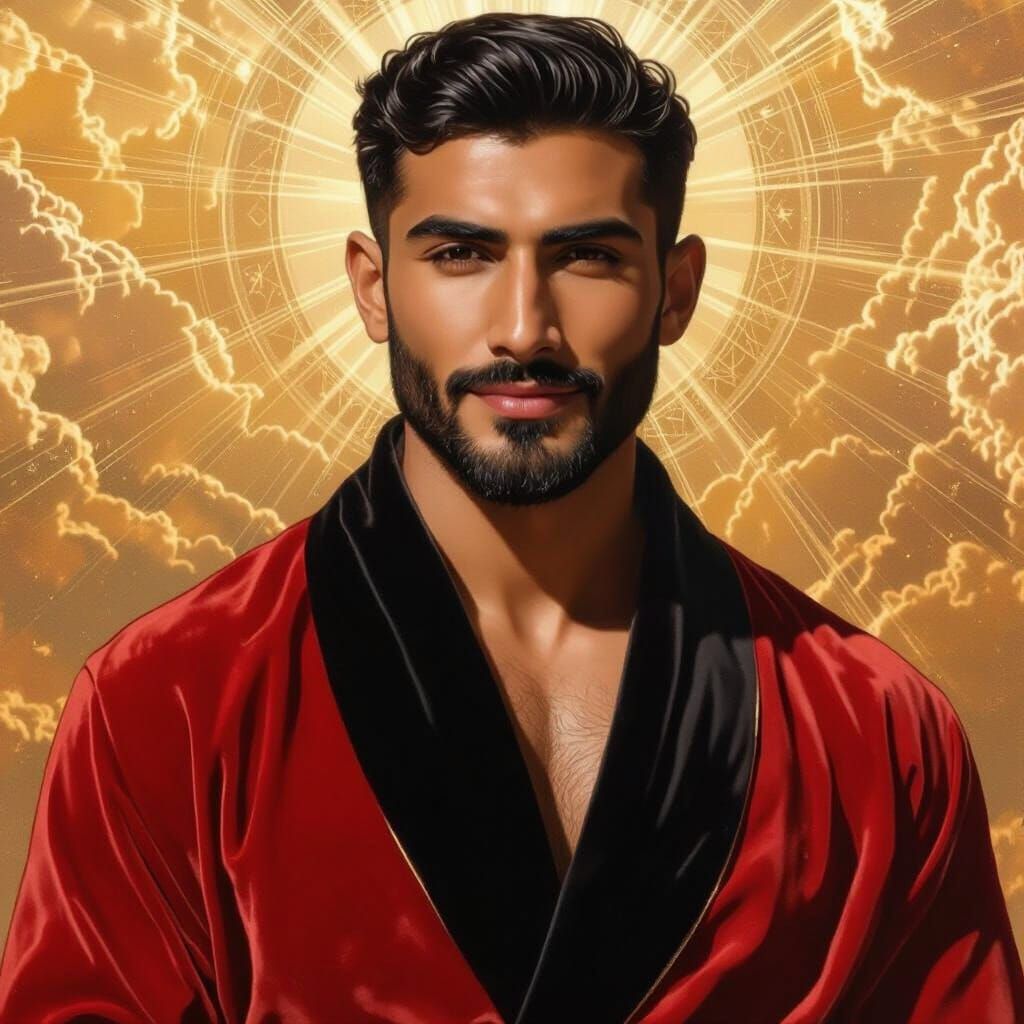Divine Man in Velvet Robe Amid Cosmic Radiance