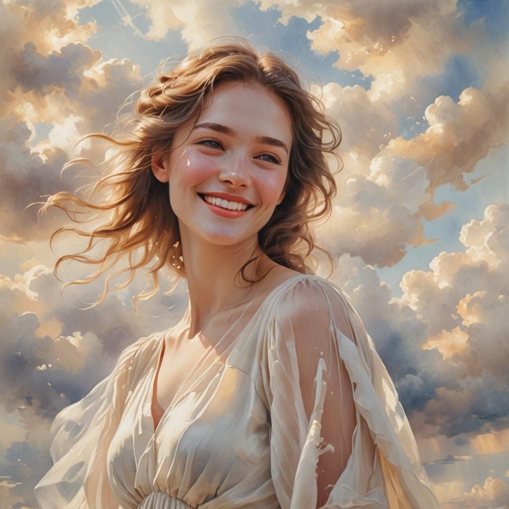 Ethereal Girl in Clouds: Pastel Watercolor Portrait