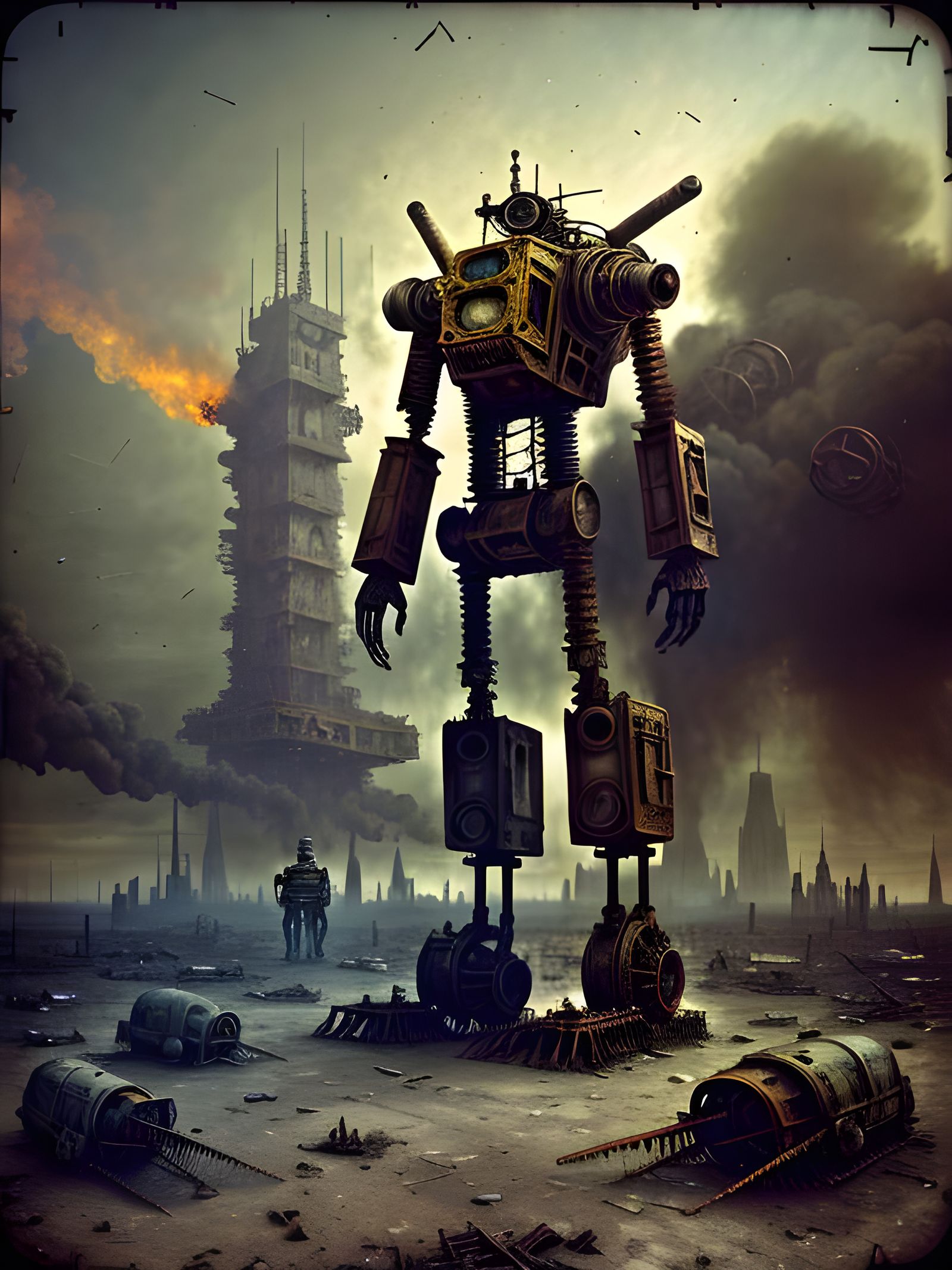Steampunk Robots Reassembling in Post-Apocalyptic Landscape
