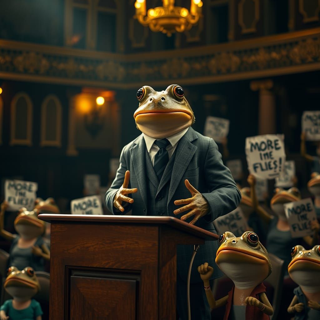 Frog Politician Delivers Speech in Ornate Theatre
