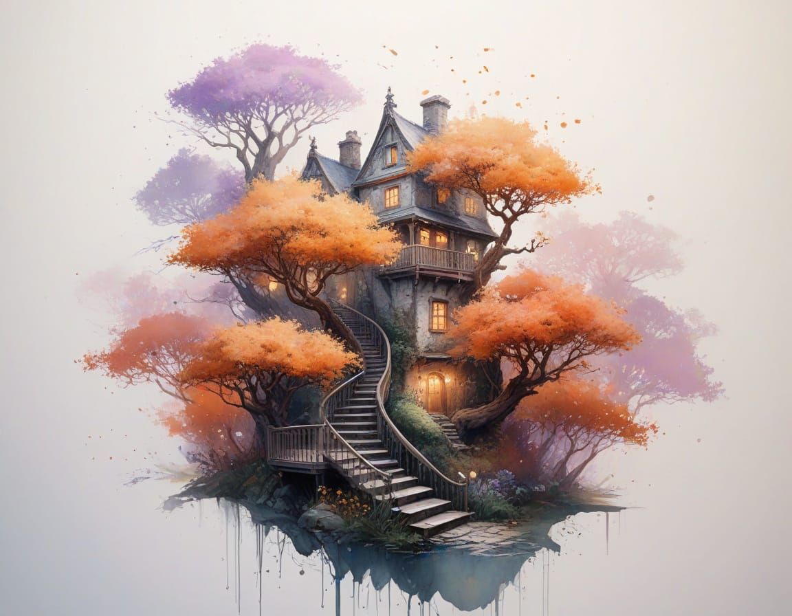 Fairy Market in Ancient Oak, Watercolour Illustration