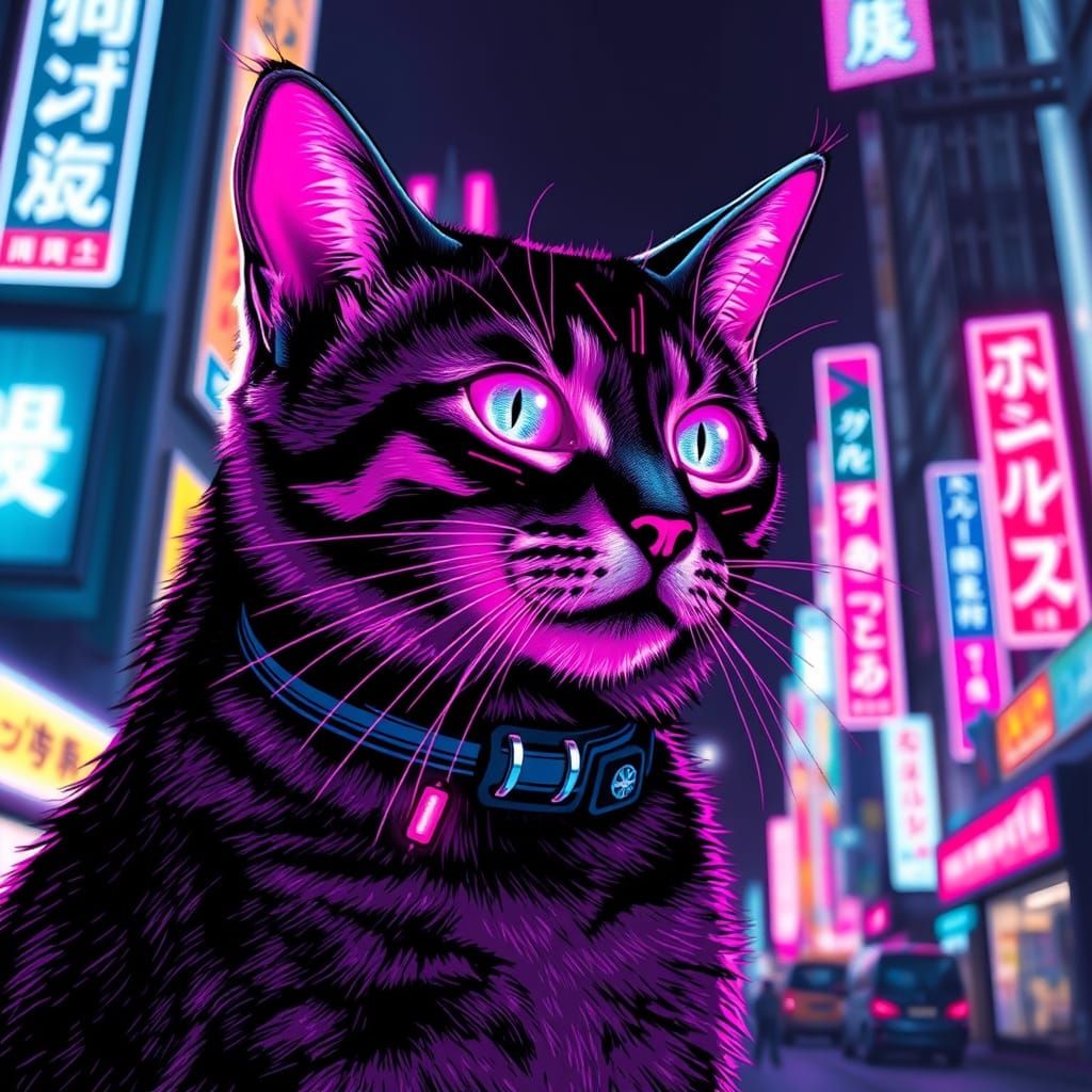 Cybernetic Cat Roams Neo Tokyo in Synthwave Style