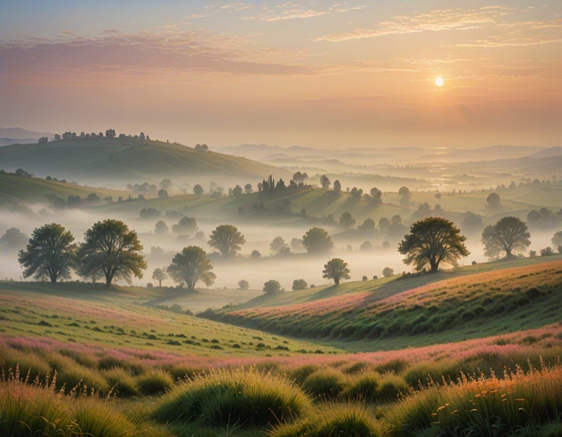 Sunrise in the Misty Countryside, Oil Painting Style