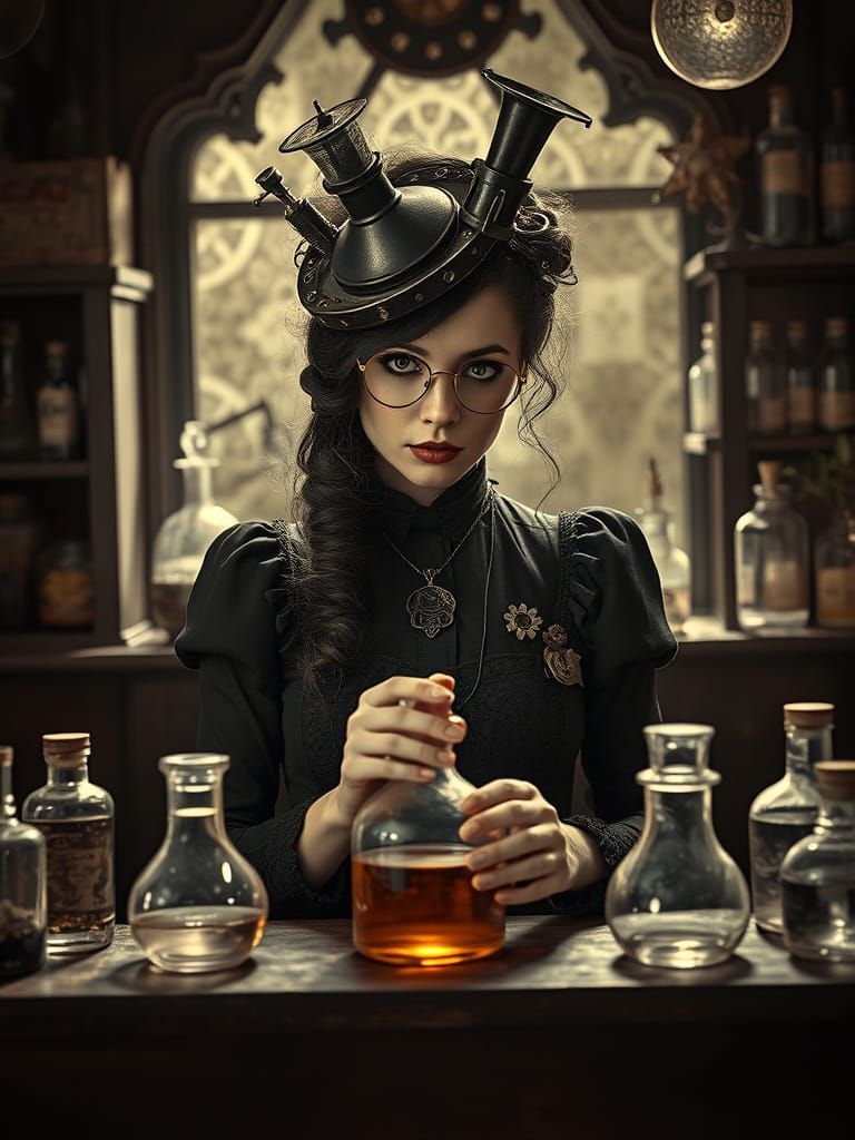 Steampunk Alchemist in a Pop Surrealist Laboratory