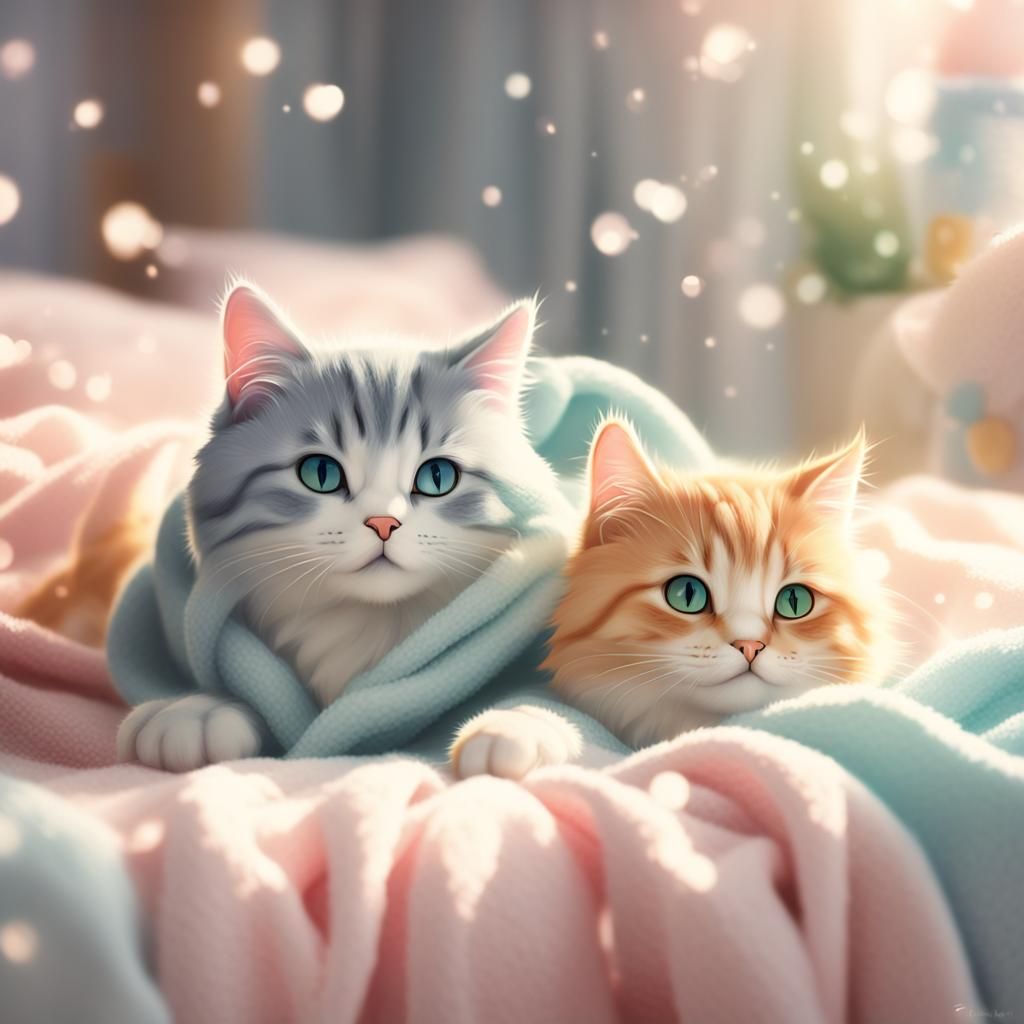 Playful Cats Rolling in Blanket in Anime Style