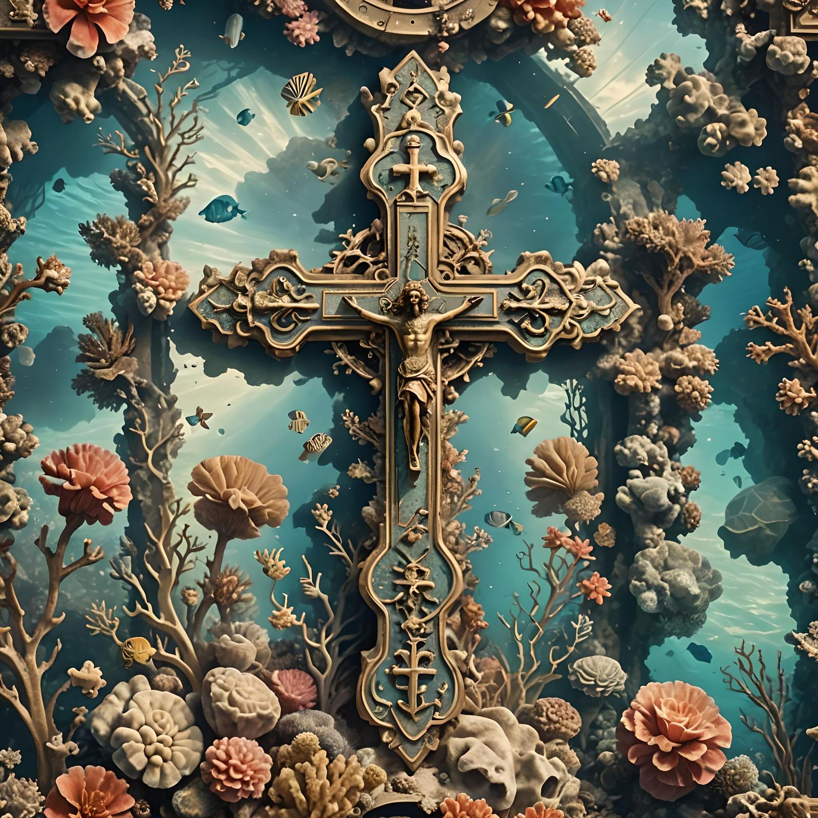 Antique Cross Adorned with God Details, Coral Reef
