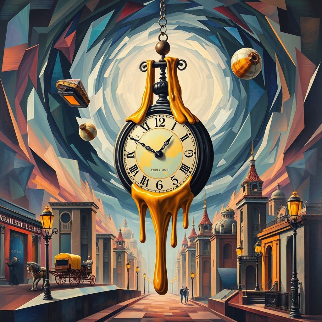 Melting Clock in Iridescent Vortex: Cubist Art Deco Style