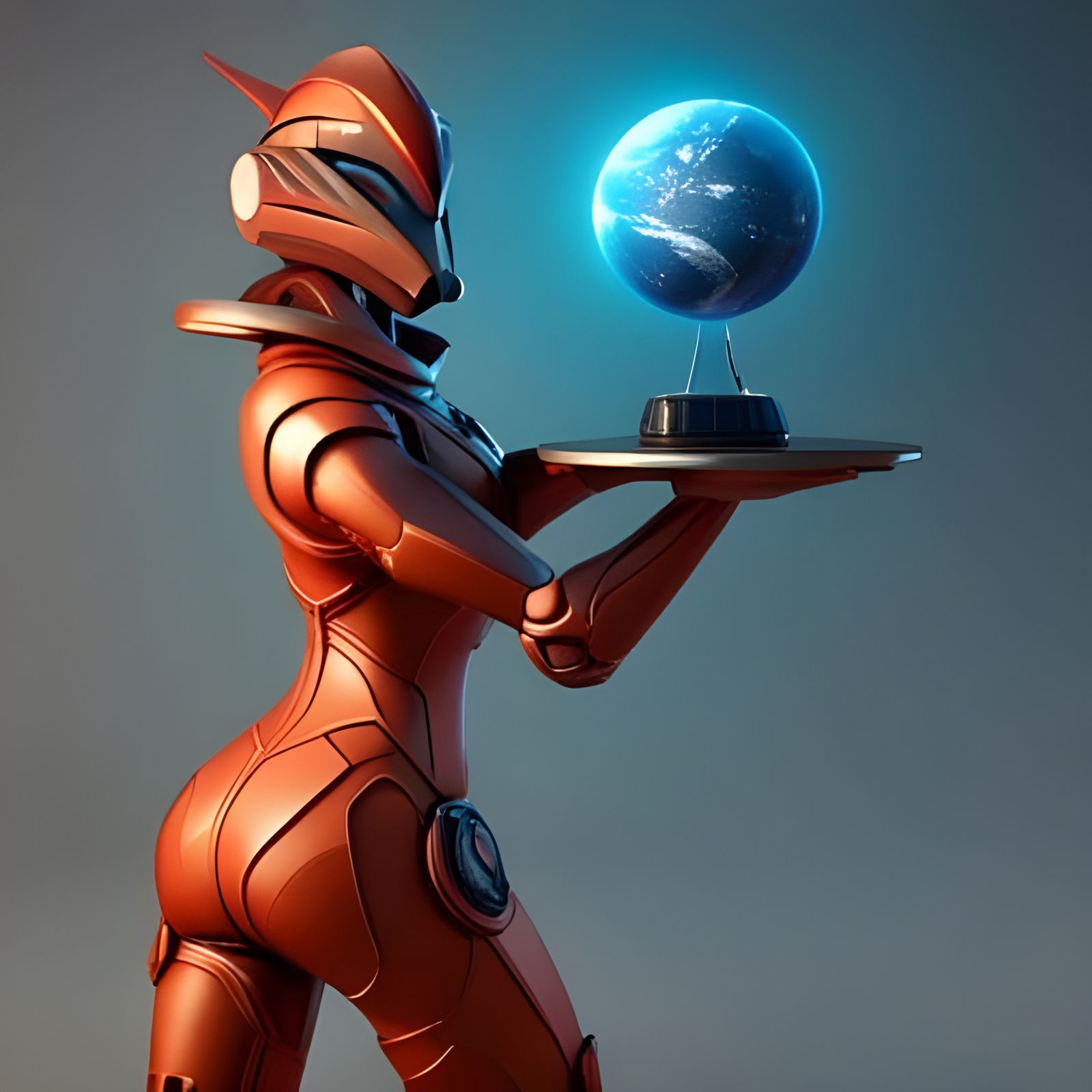 Futuristic Robot Holds Earth Hourglass Sign