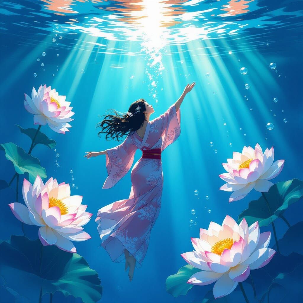 Woman Ascending in Azure Water, Art Nouveau Watercolor