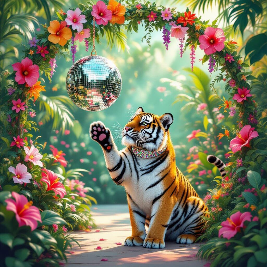 Tiger Batting Disco Ball in Lush Surreal Garden
