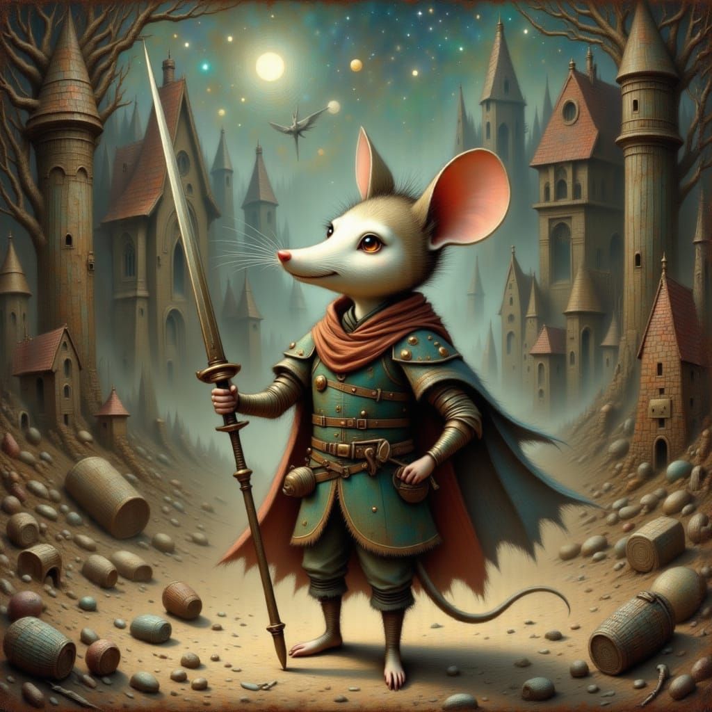 Whimsical Mouse Warrior in Mysterious Temple