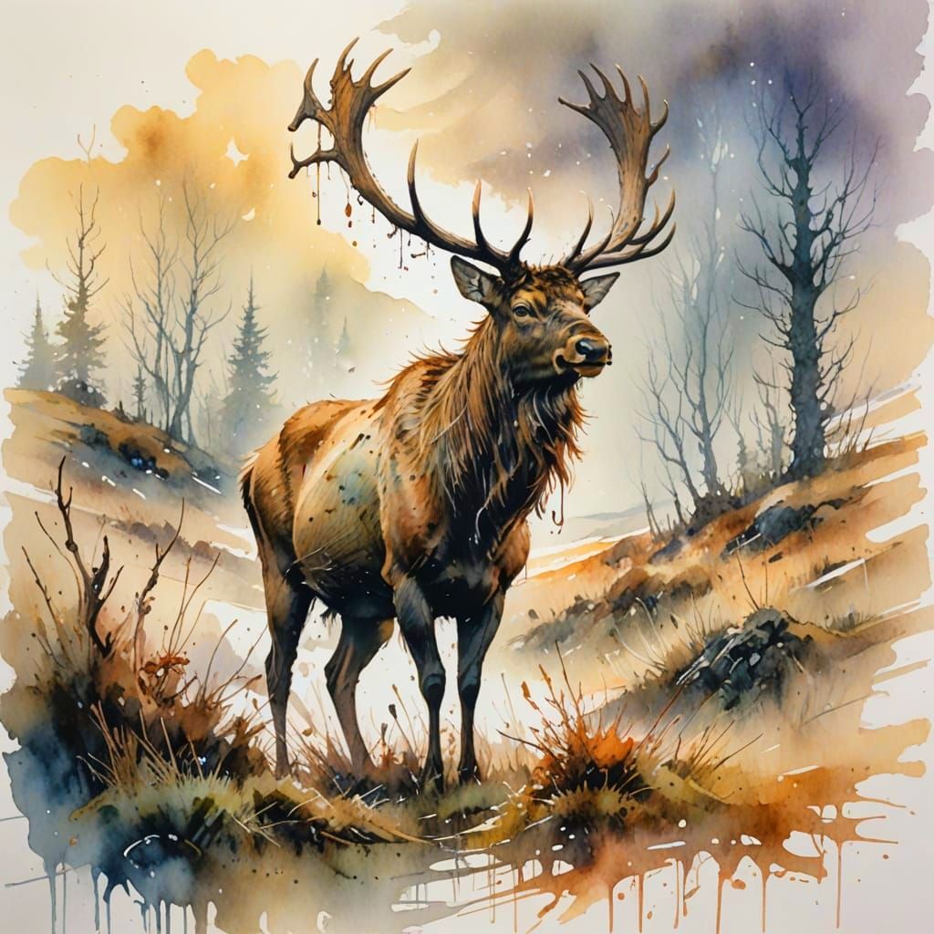 Elk Amidst Swirling Fog on Highland Moor in Watercolour Styl...