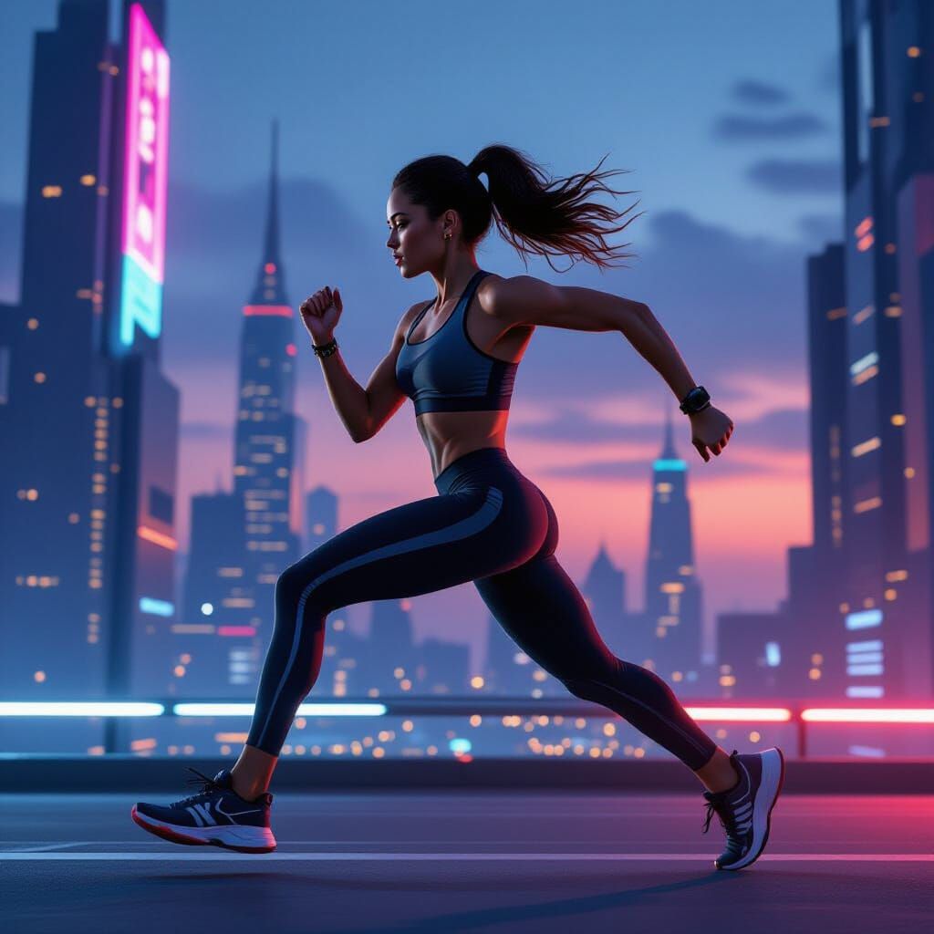 Futuristic Cityscape: Woman in Motion, Cyberpunk Art