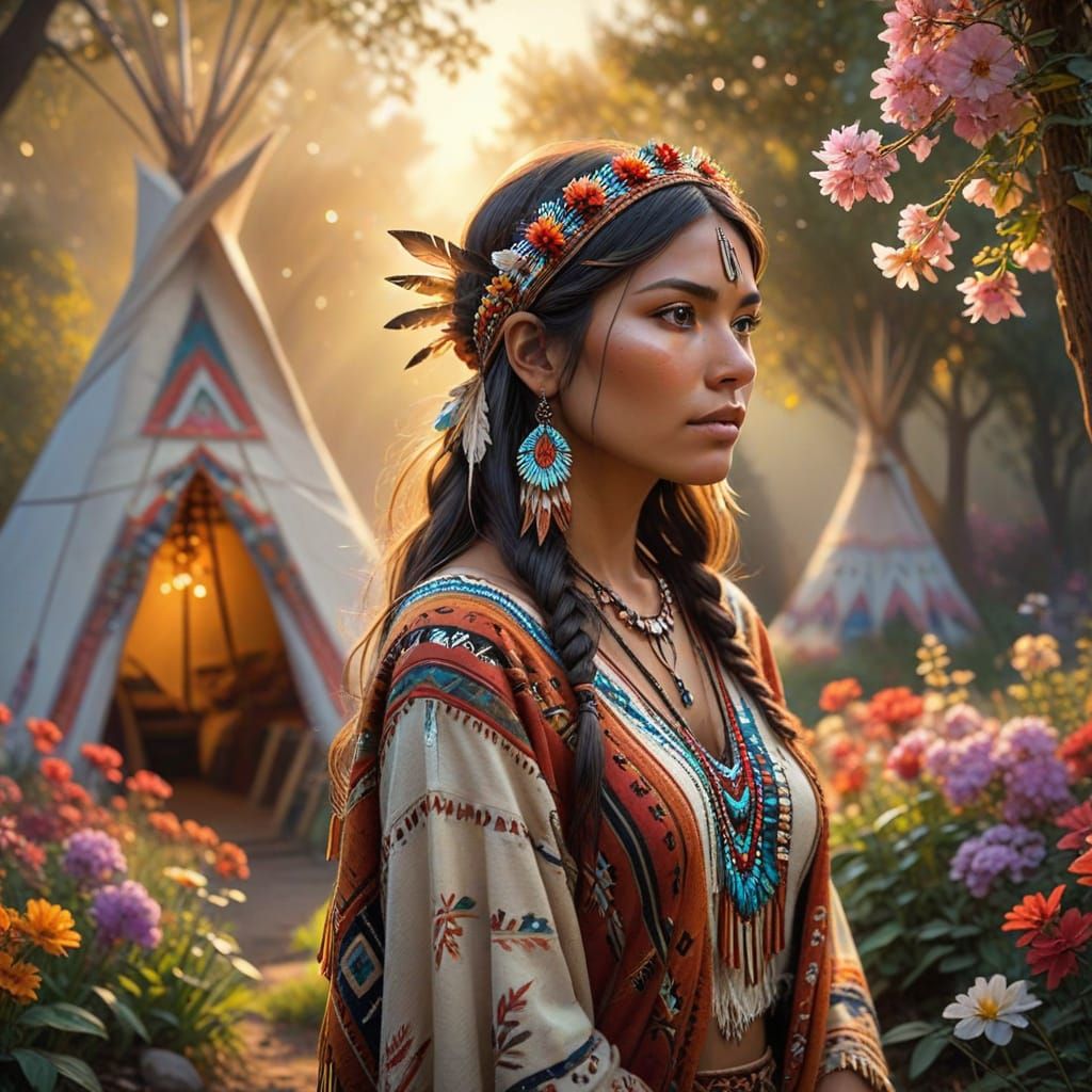 Majestic Native American Woman in Whimsical Fantasy Landscap...