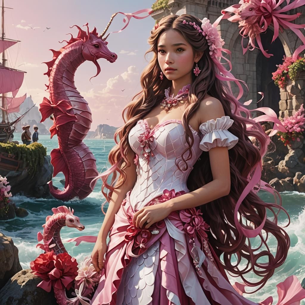 Italian Mermaid Braiding Ribbons with Seahorse, Miyazaki Sty...