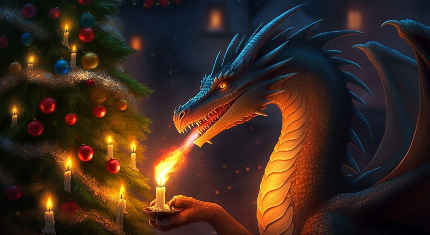 Christmas Dragon Lights Up Tree with Fiery Breath