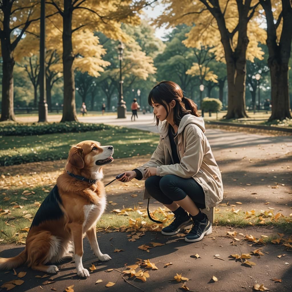Anime Girl and Dog Playing in Park: Cinematic Film