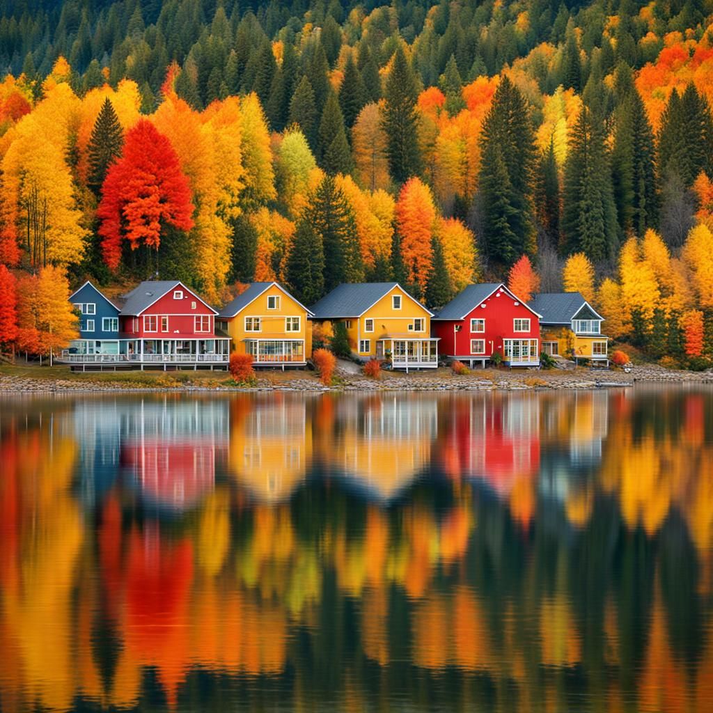 Tranquil Lakeside Village in Autumn