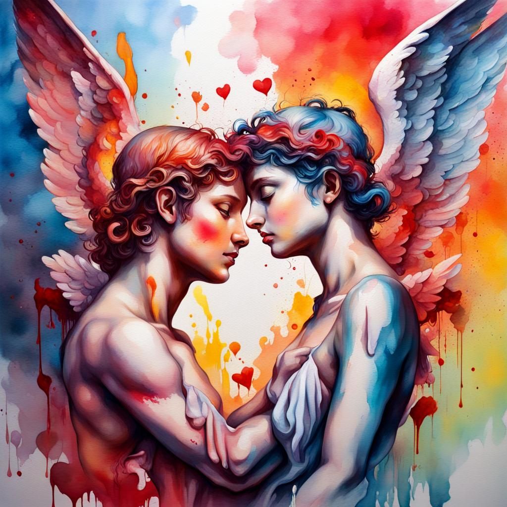 Cupid and Psyche in Watercolor Graffiti Art