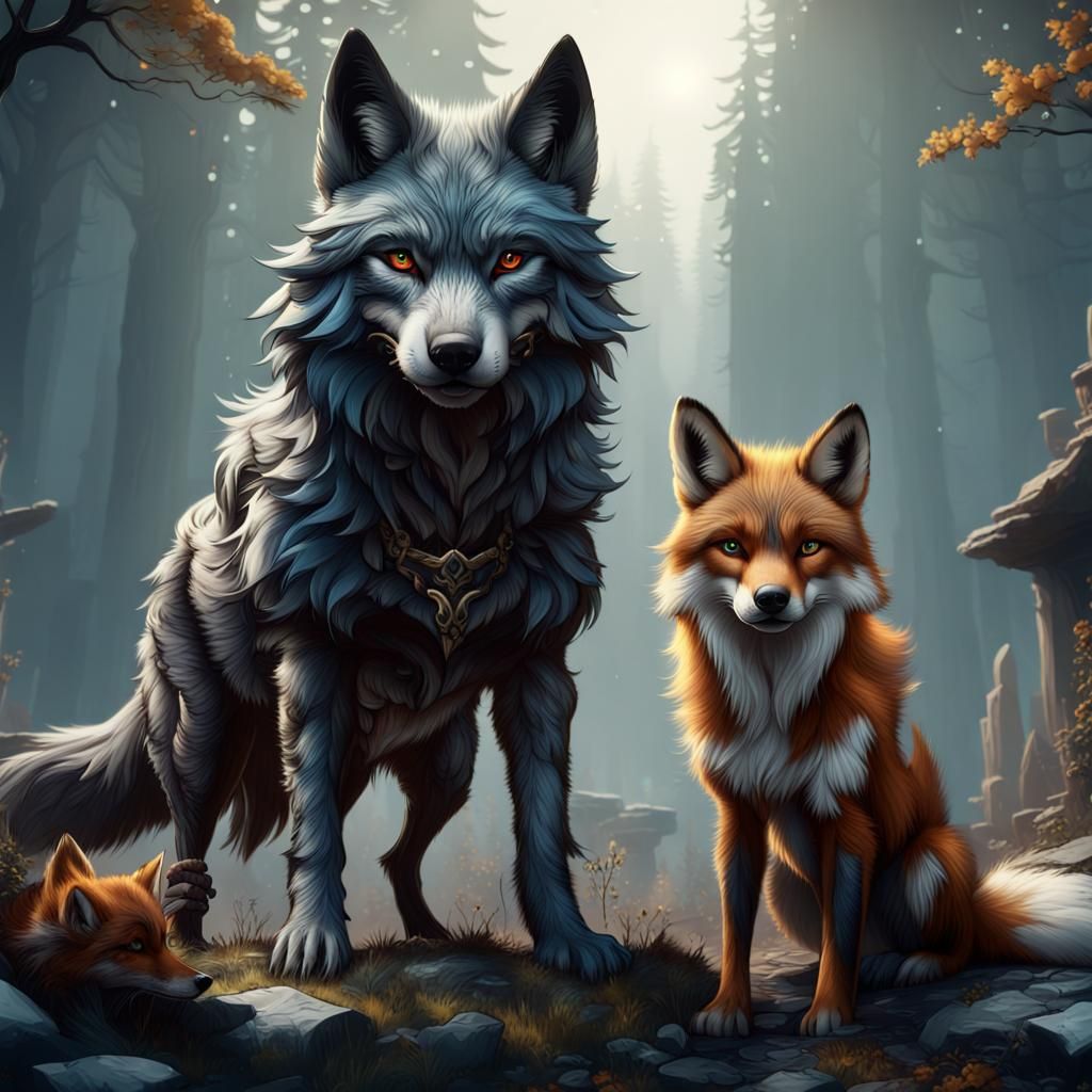 Dog-Wolf-Fox Crossbreed in Detailed Matte Painting