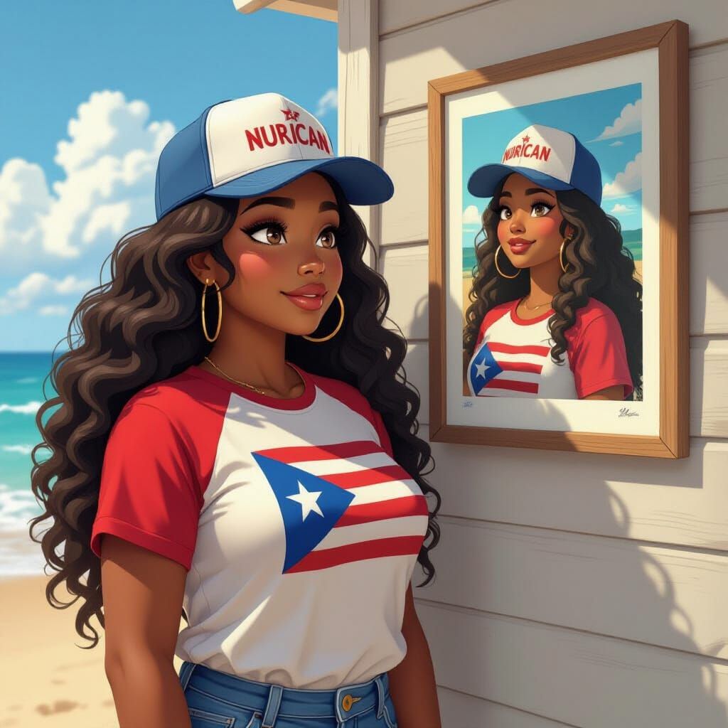 Elderly Black Woman Gazes at Portrait on Beach